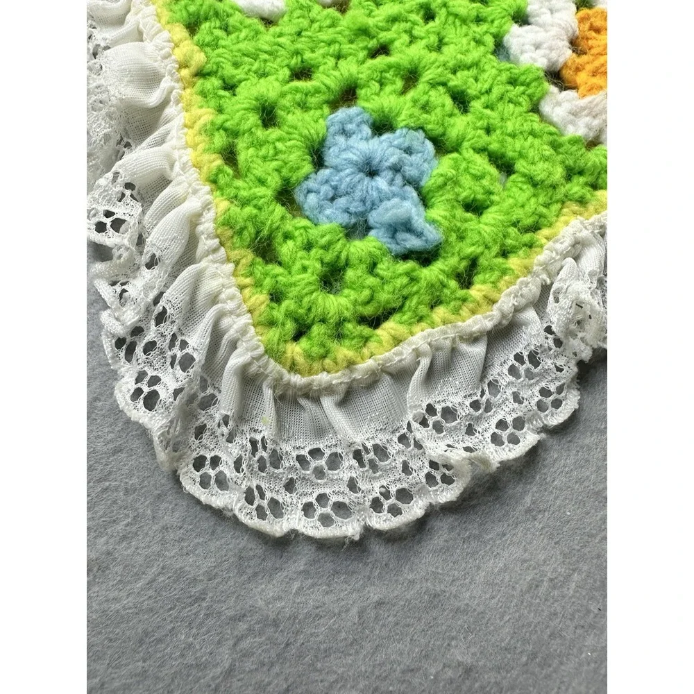 Handmade Crochet Knit Flower Blanket Eyelet Yellow Blue Green Afghan Baby 28x40